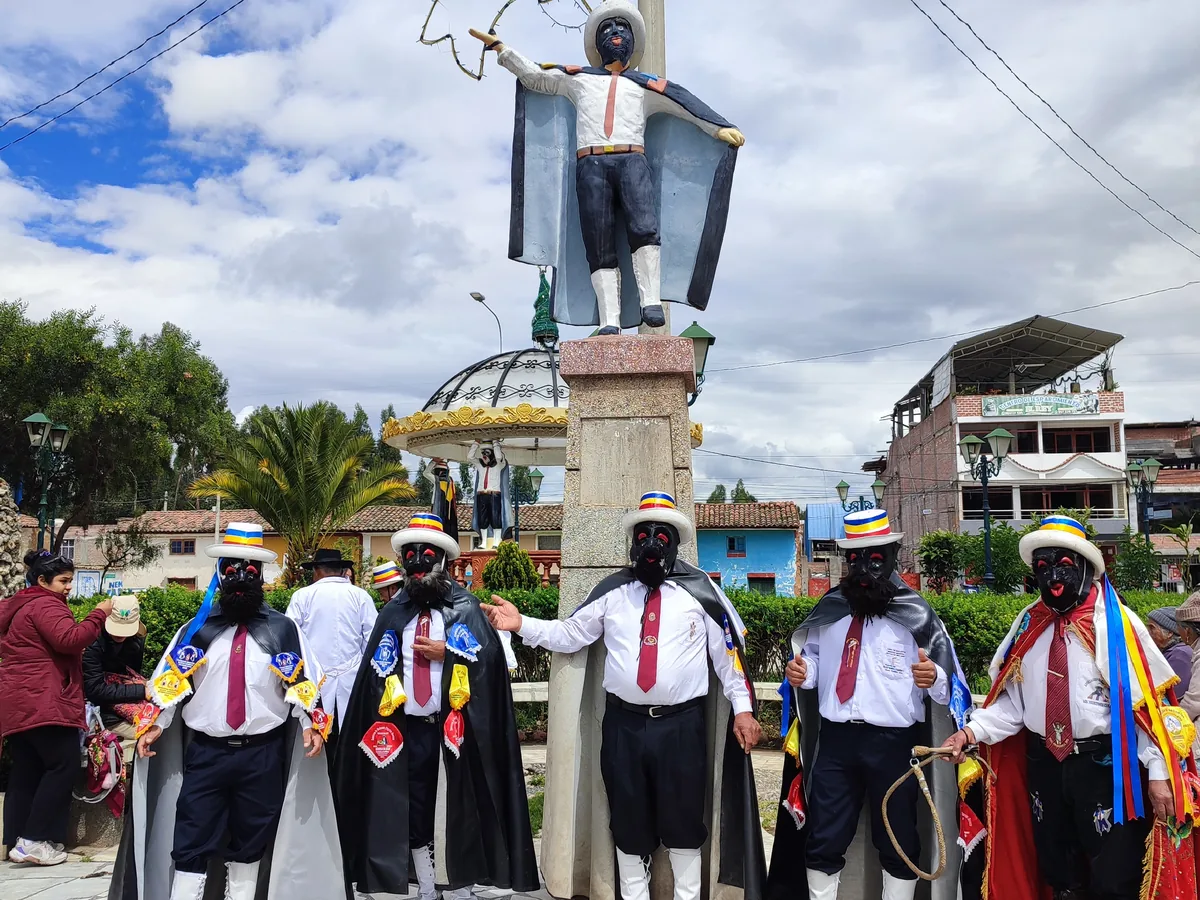Peruvian dancers in traditional costume performing a folk dance
